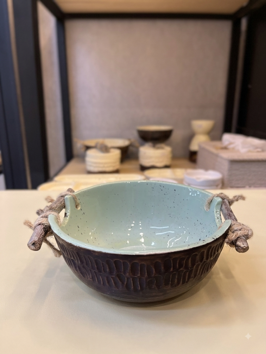 کاسه دو دسته سبز و قهوه ای